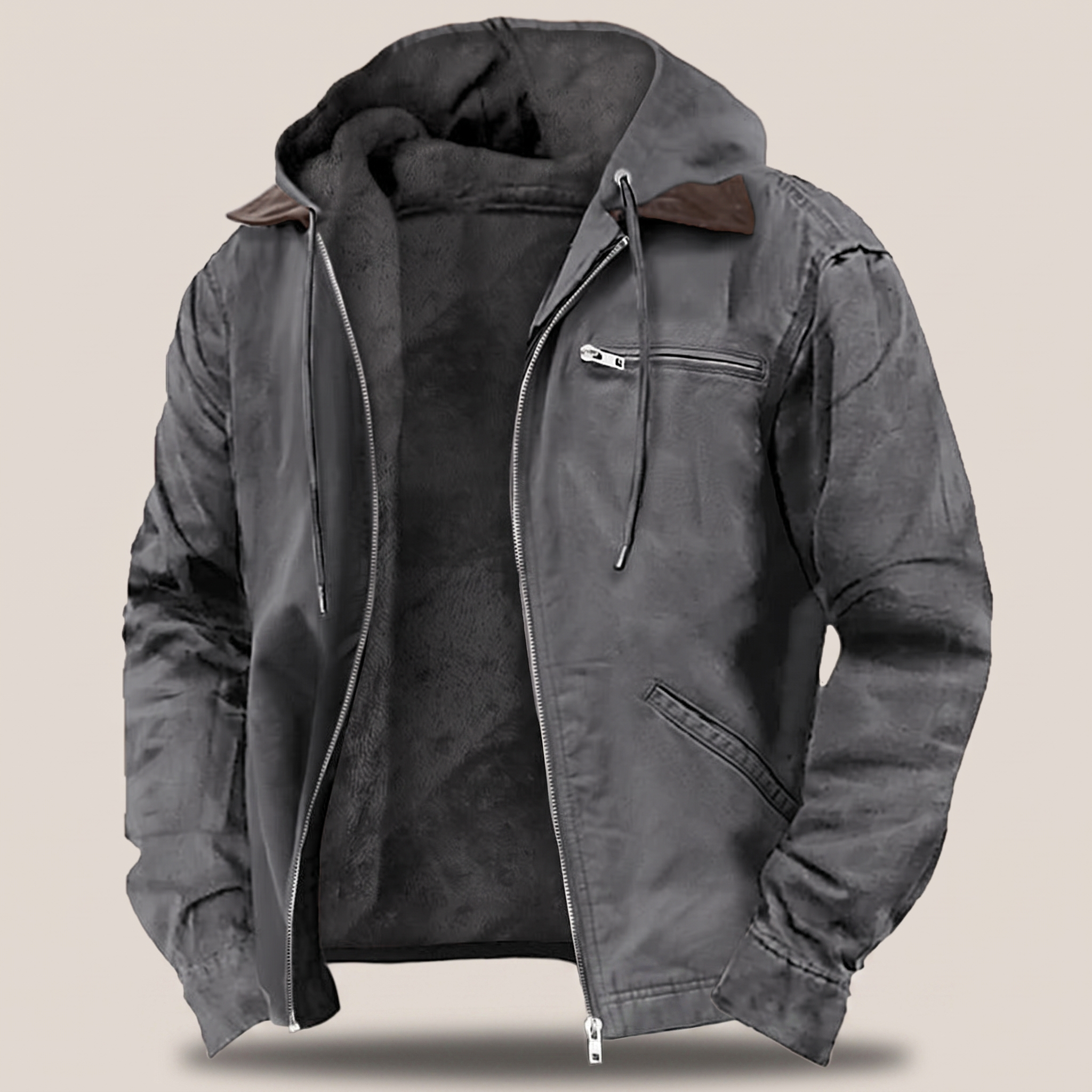 Men's Hooded Jacket Full-Zip Fleece Lined Canvas Coat