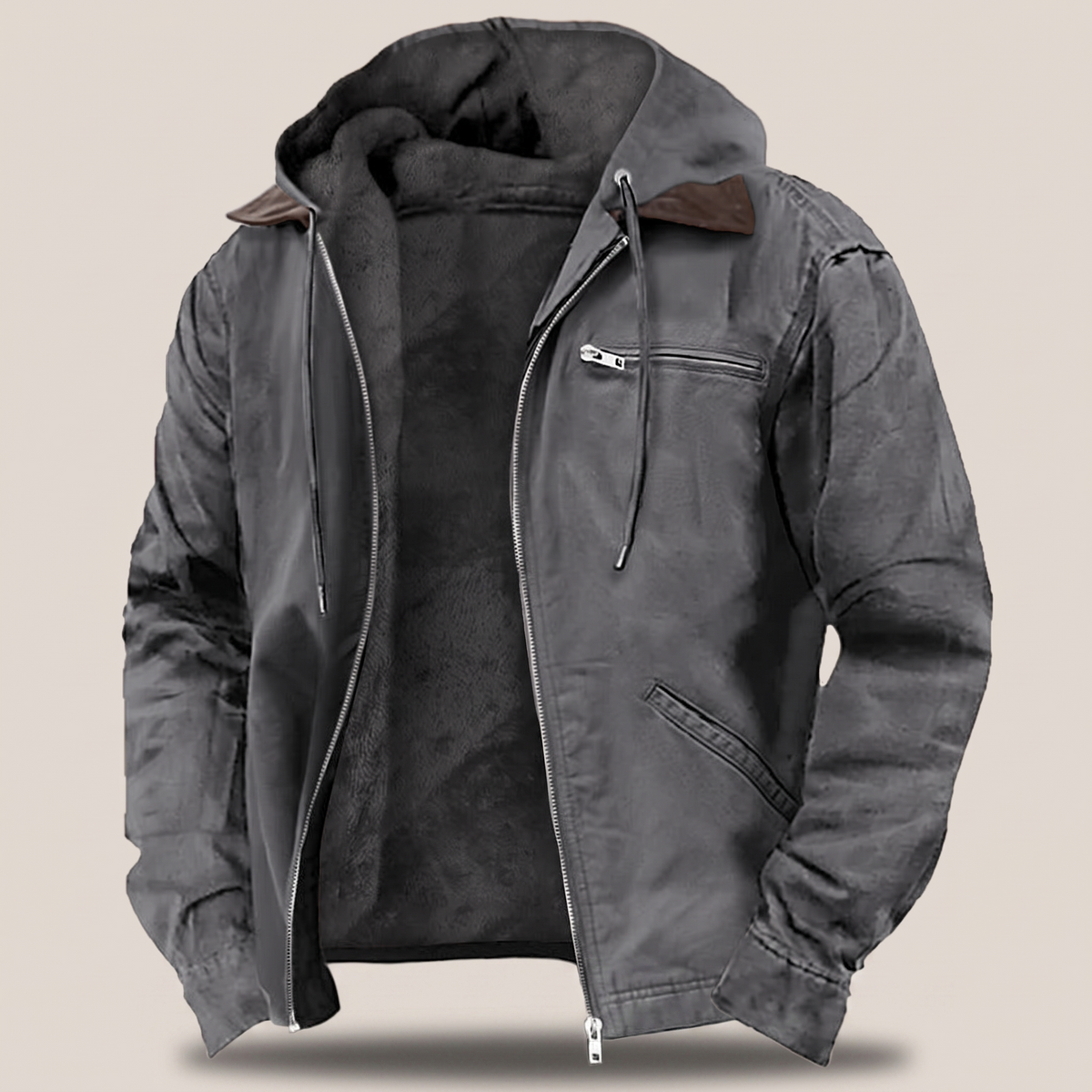 Men's Hooded Jacket Full-Zip Fleece Lined Canvas Coat