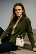 Wool zip-up cardigan for women by Christine Brewer featuring a stylish jean-inspired look and a cozy, fitted design.