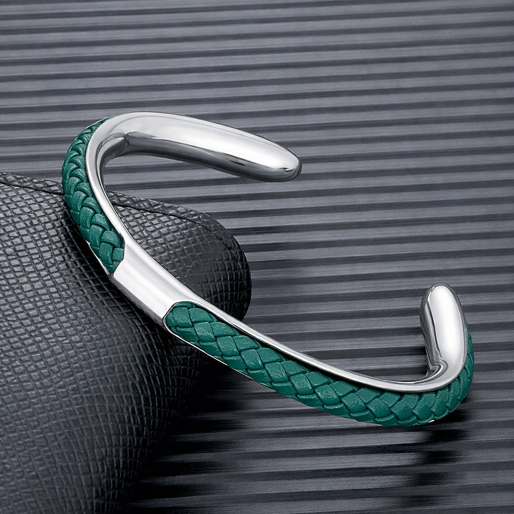 Men's Leather Cuff Bracelet - Stainless Steel and Braided Leather
