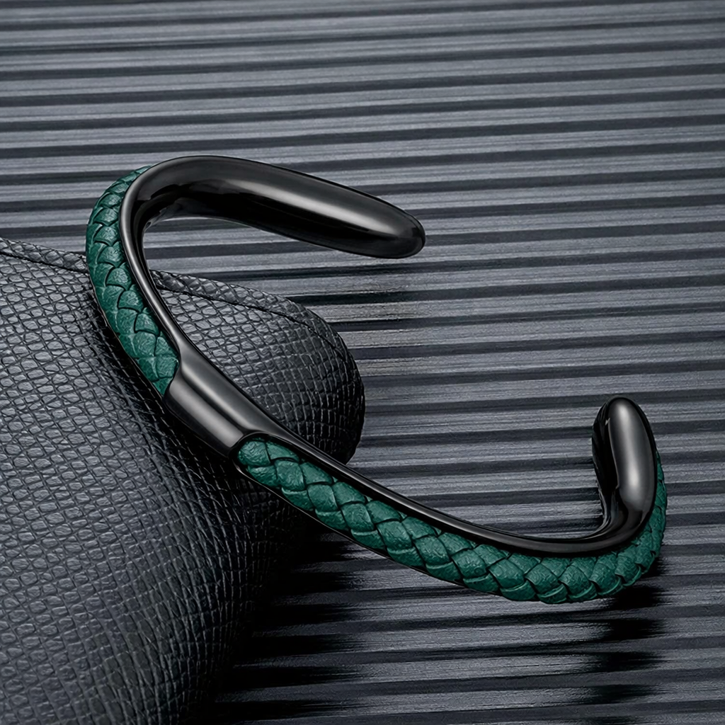 Men's Leather Cuff Bracelet - Stainless Steel and Braided Leather