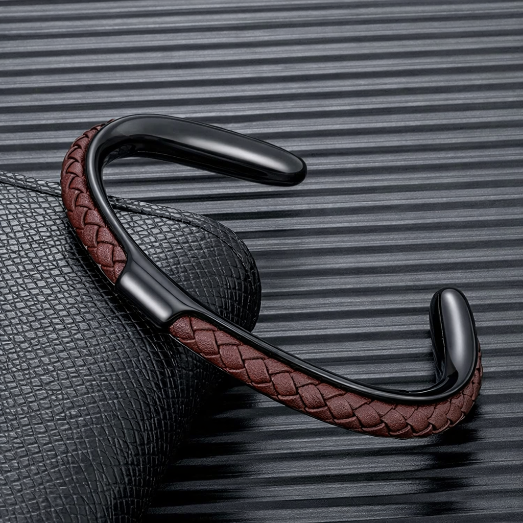 Men's Leather Cuff Bracelet - Stainless Steel and Braided Leather