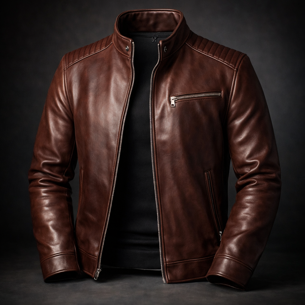 Men's Leather Jacket Zip-Front Burnished Finish
