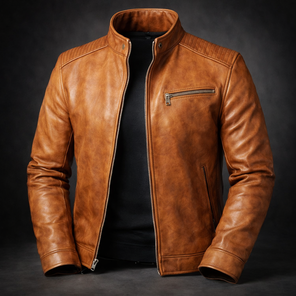 Men's Leather Jacket Zip-Front Burnished Finish