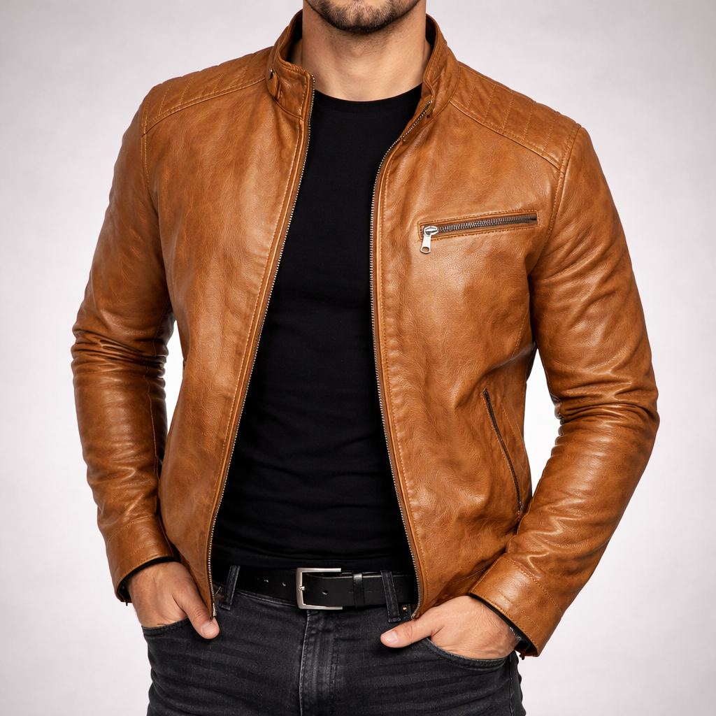 Men's Leather Jacket Zip-Front Burnished Finish