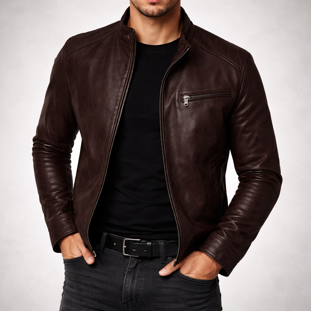 Men's Leather Jacket Zip-Front Burnished Finish