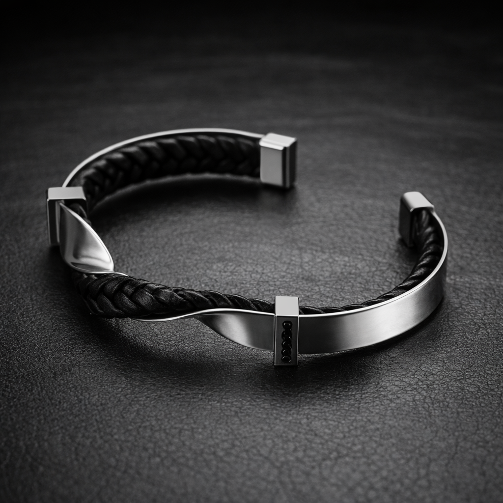 Leather Cuff Bracelet - Braided Stainless Steel Wristband