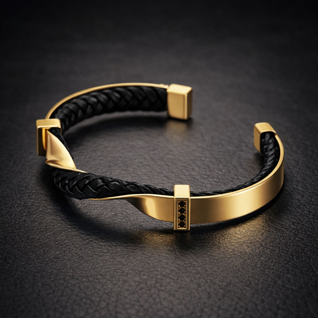 Leather Cuff Bracelet - Braided Stainless Steel Wristband