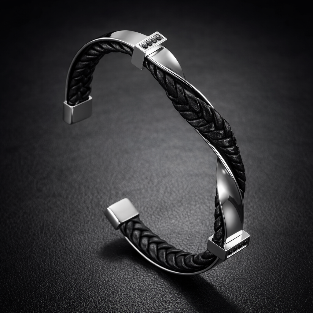 Leather Cuff Bracelet - Braided Stainless Steel Wristband