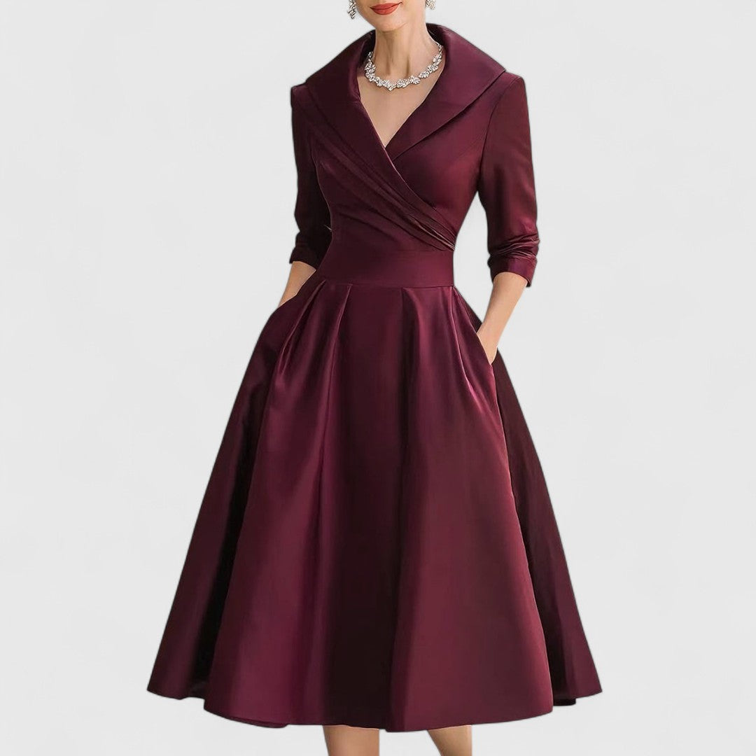 Women's V-Neck Midi Dress with Wrap Waist and Side Pockets