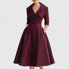 Women's V-Neck Midi Dress with Wrap Waist and Side Pockets