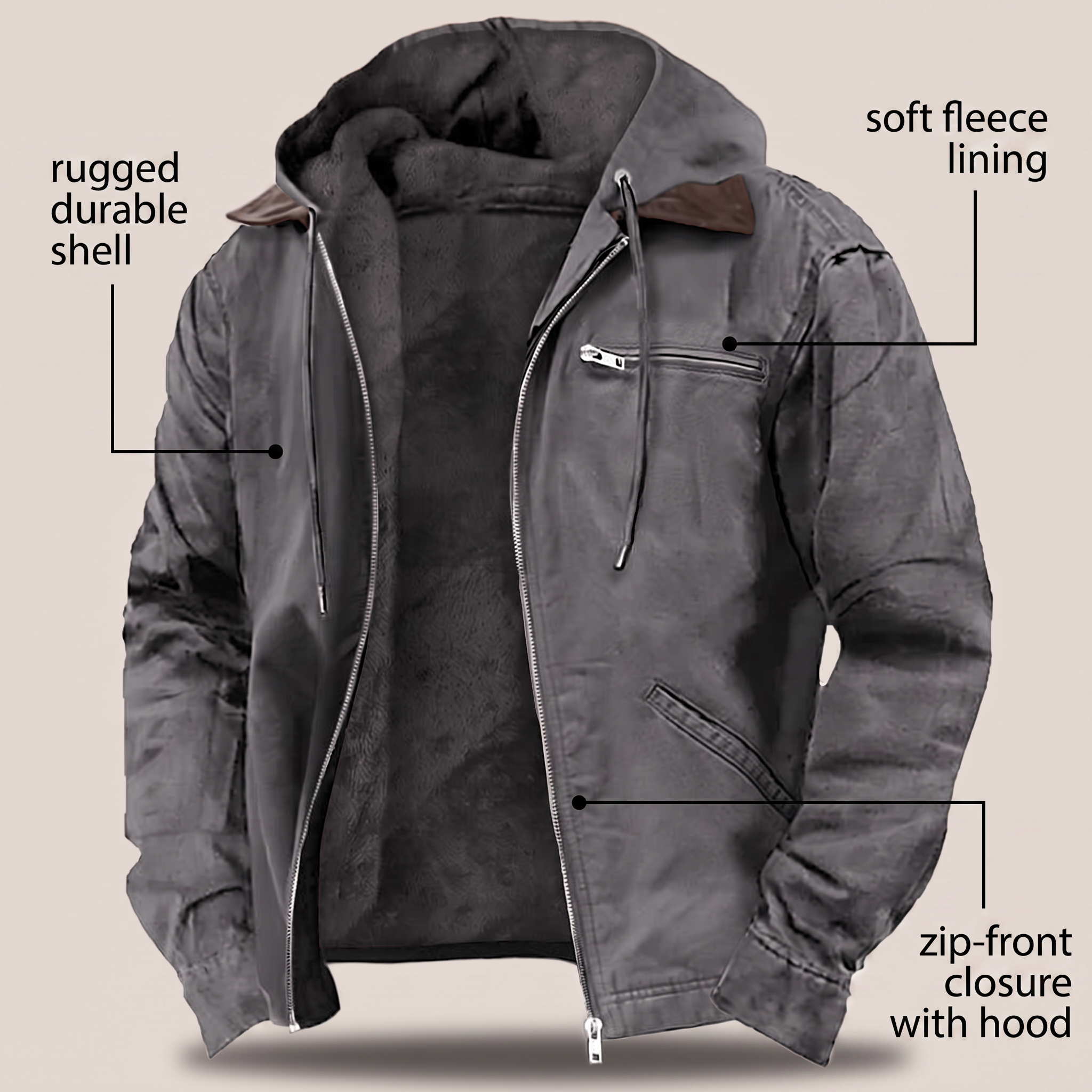 Men's Hooded Jacket Full-Zip Fleece Lined Canvas Coat