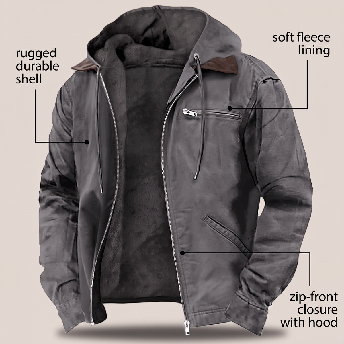 Men's Hooded Jacket Full-Zip Fleece Lined Canvas Coat