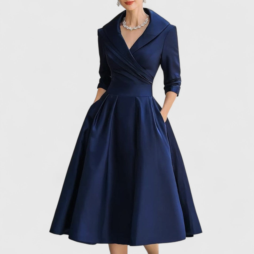 Women's V-Neck Midi Dress with Wrap Waist and Side Pockets
