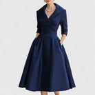 Women's V-Neck Midi Dress with Wrap Waist and Side Pockets