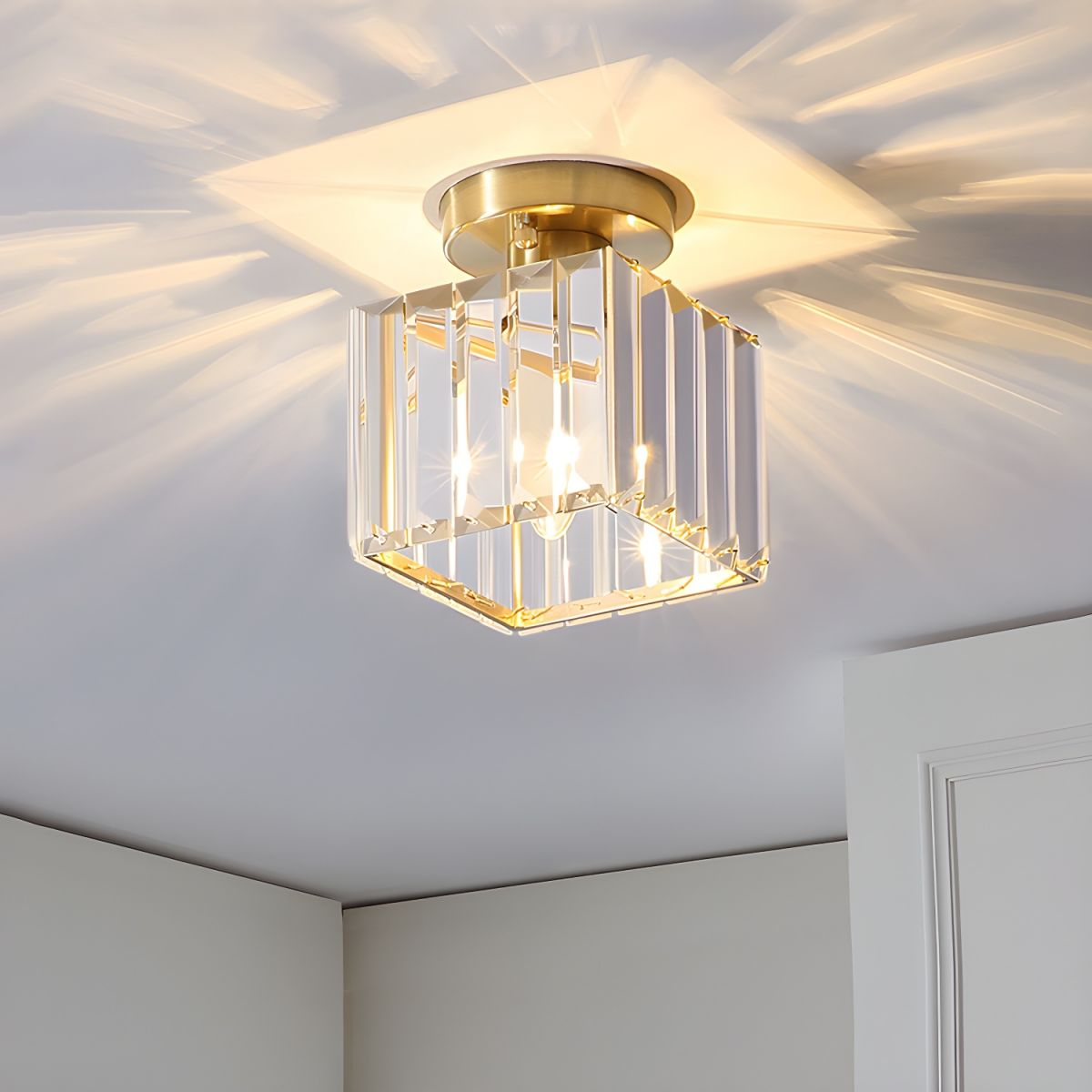 Flush Mount Ceiling Light with Crystal Shade - Black Brass Finish