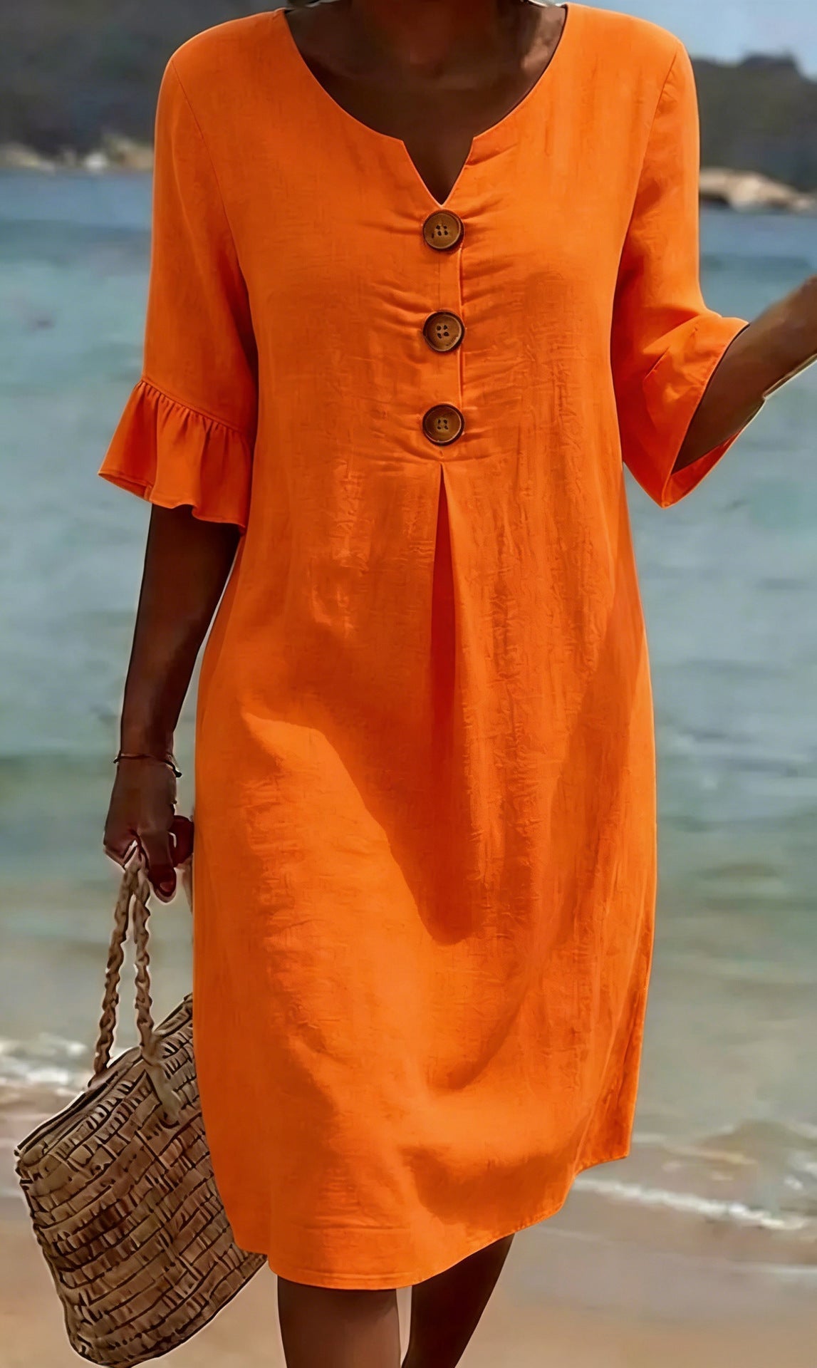 Women's Loose-Fit Button-Front Dress with Flowing Sleeves