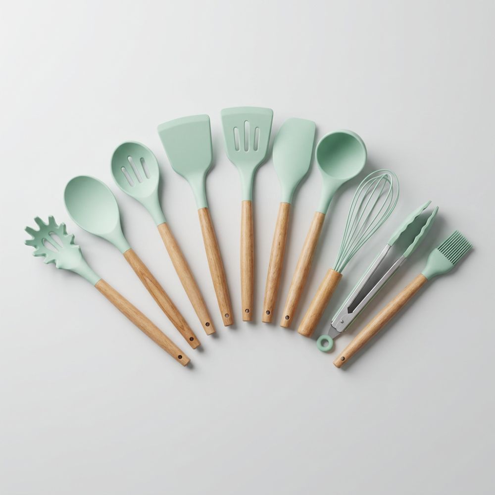Silicone Kitchen Utensil Set with Wooden Handles – 11 Pieces
