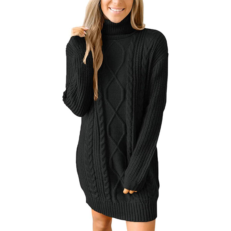Women's Cable-Knit Turtleneck Jumper Dress – Ribbed Sleeves