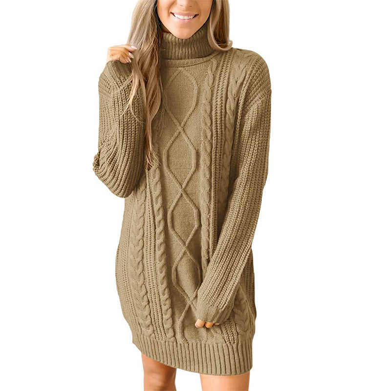 Women's Cable-Knit Turtleneck Jumper Dress – Ribbed Sleeves
