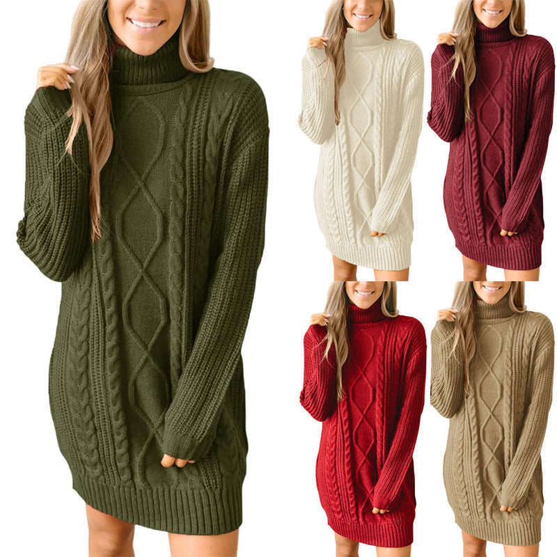 Women's Cable-Knit Turtleneck Jumper Dress – Ribbed Sleeves