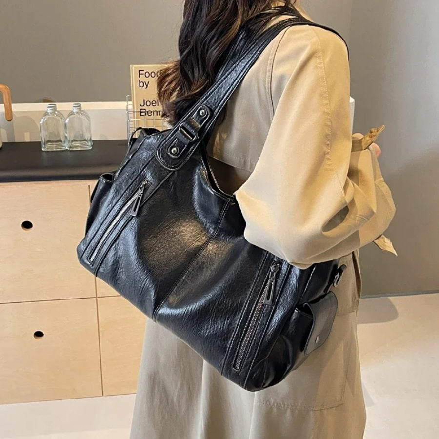 Women's Shoulder Bag in Vegan Leather - Structured Multi-Pocket Design