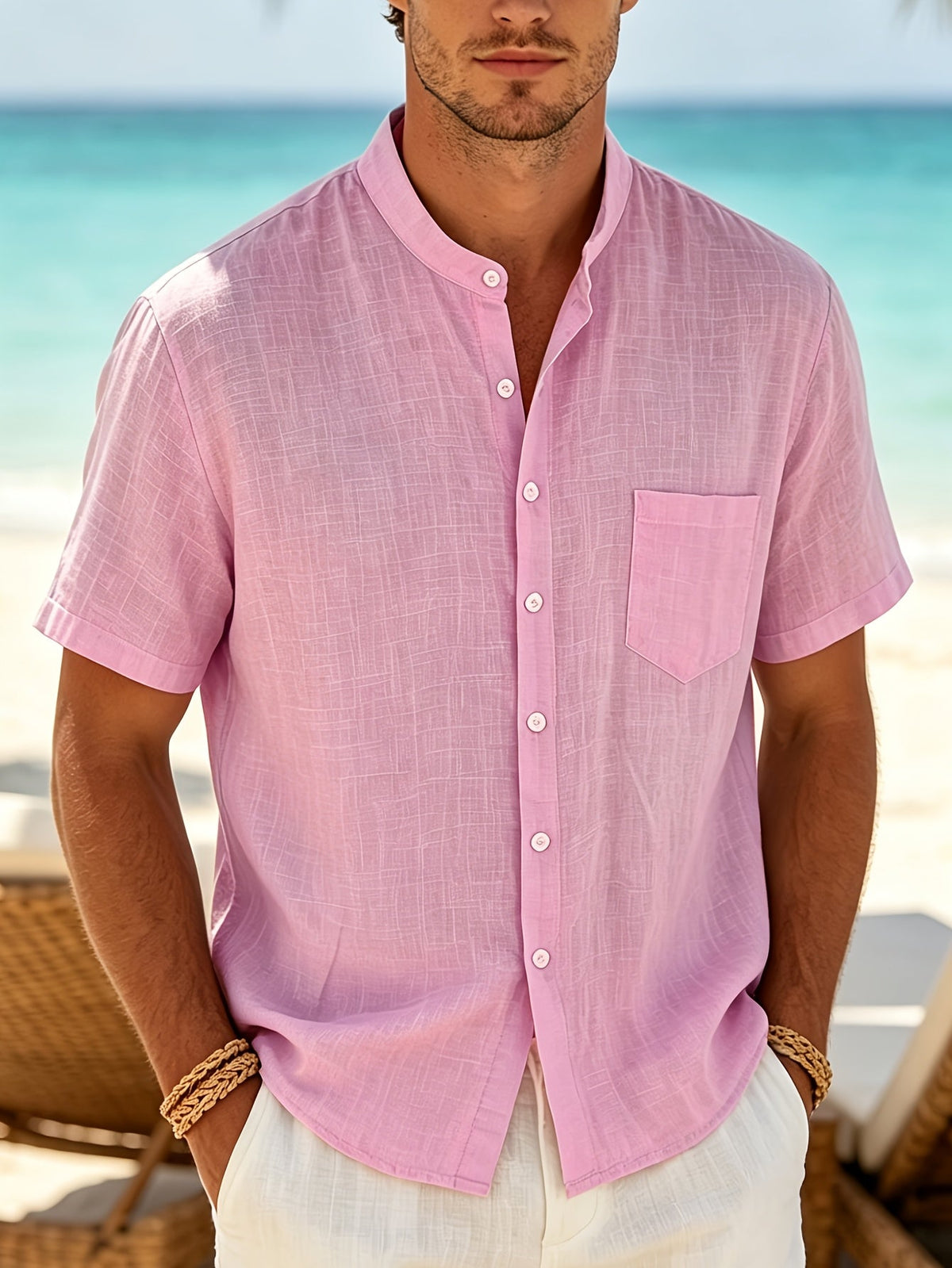 Men's Linen Shirt with Stand Collar and Short Sleeves