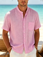 Men's Linen Shirt with Stand Collar and Short Sleeves
