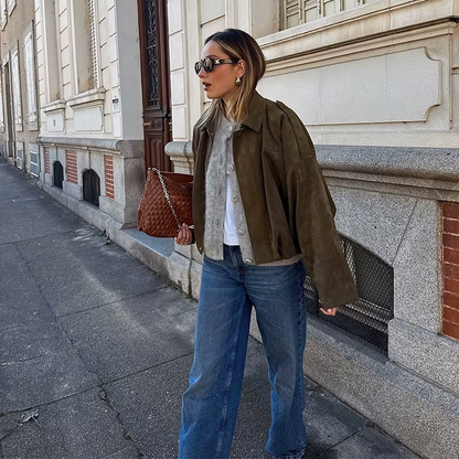 Suede Jacket | Oversized damesjas van suède met vintage look en gestructureerde schouders