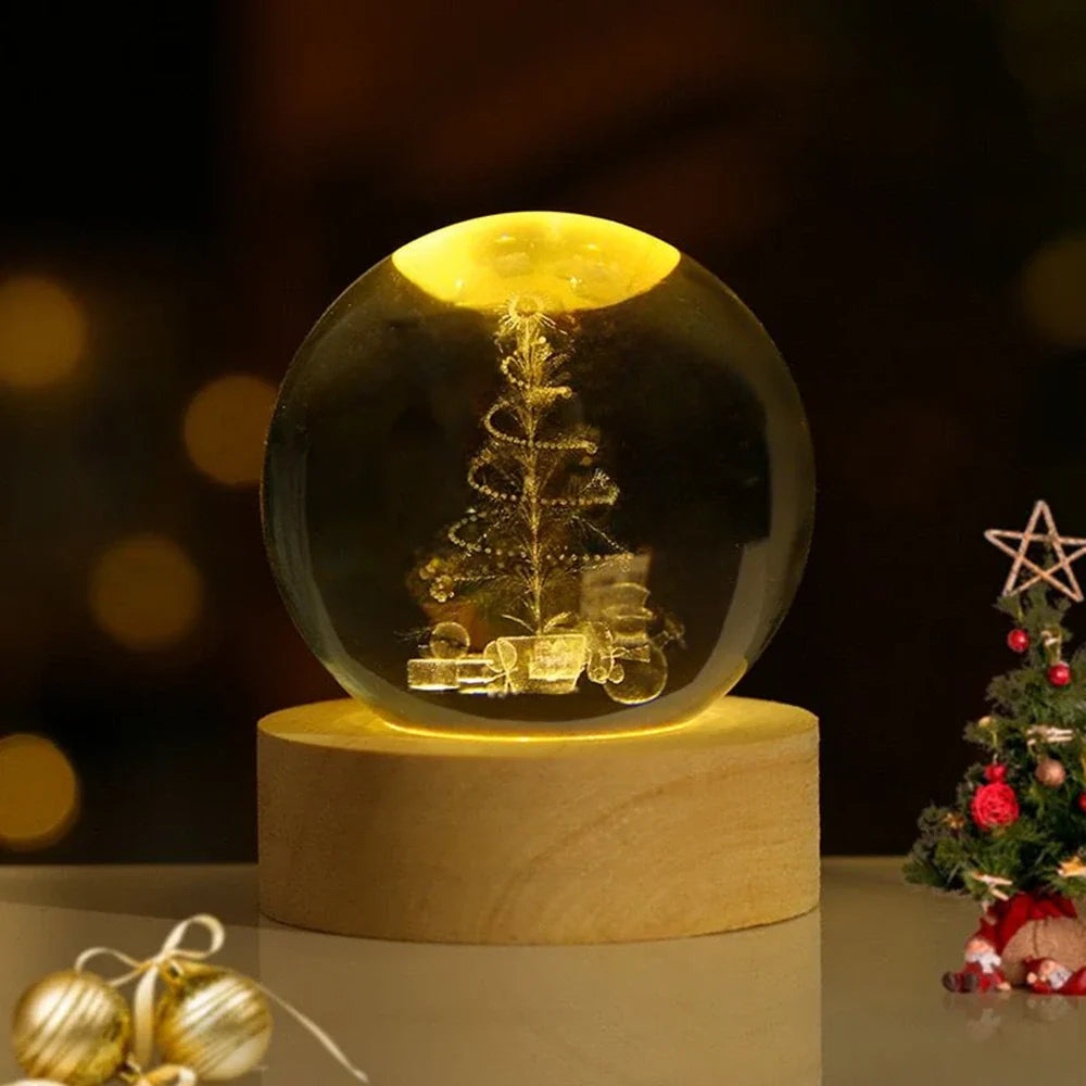 3D Engraved Crystal Ball Night Light - Wooden Base LED Lamp