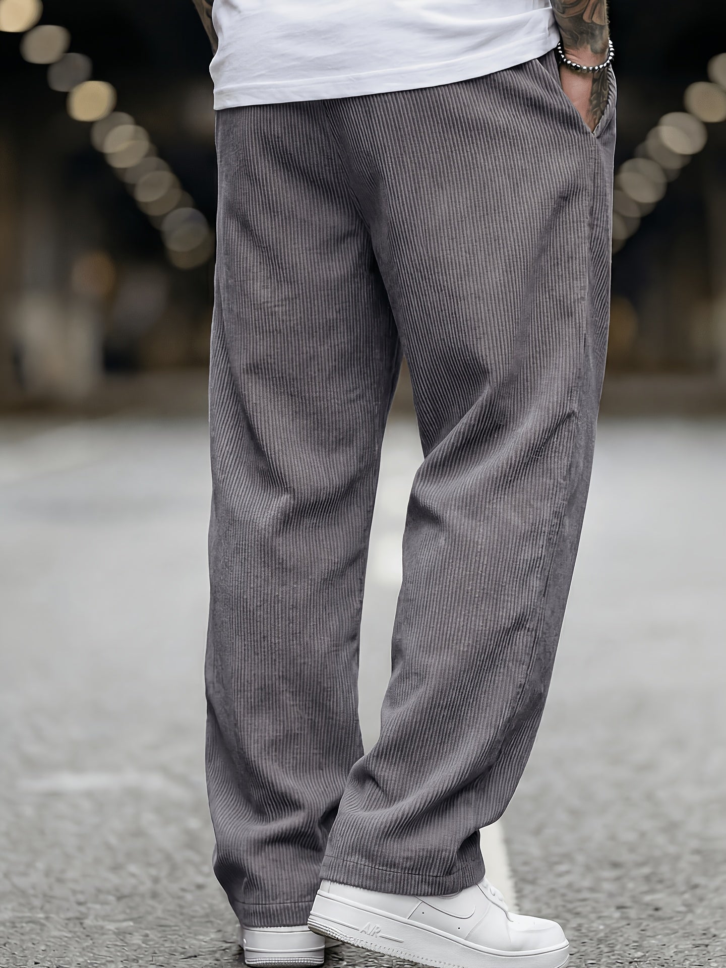 Men's Loose Corduroy Pants with Elastic Waist and Pockets