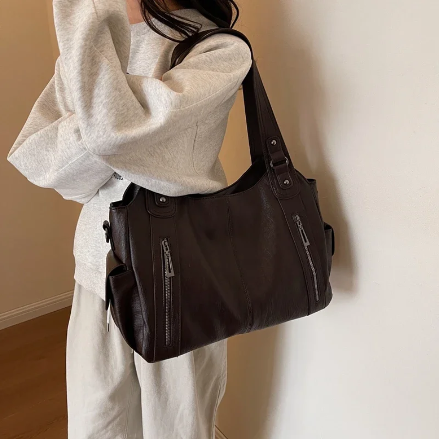 Women's Shoulder Bag in Vegan Leather - Structured Multi-Pocket Design