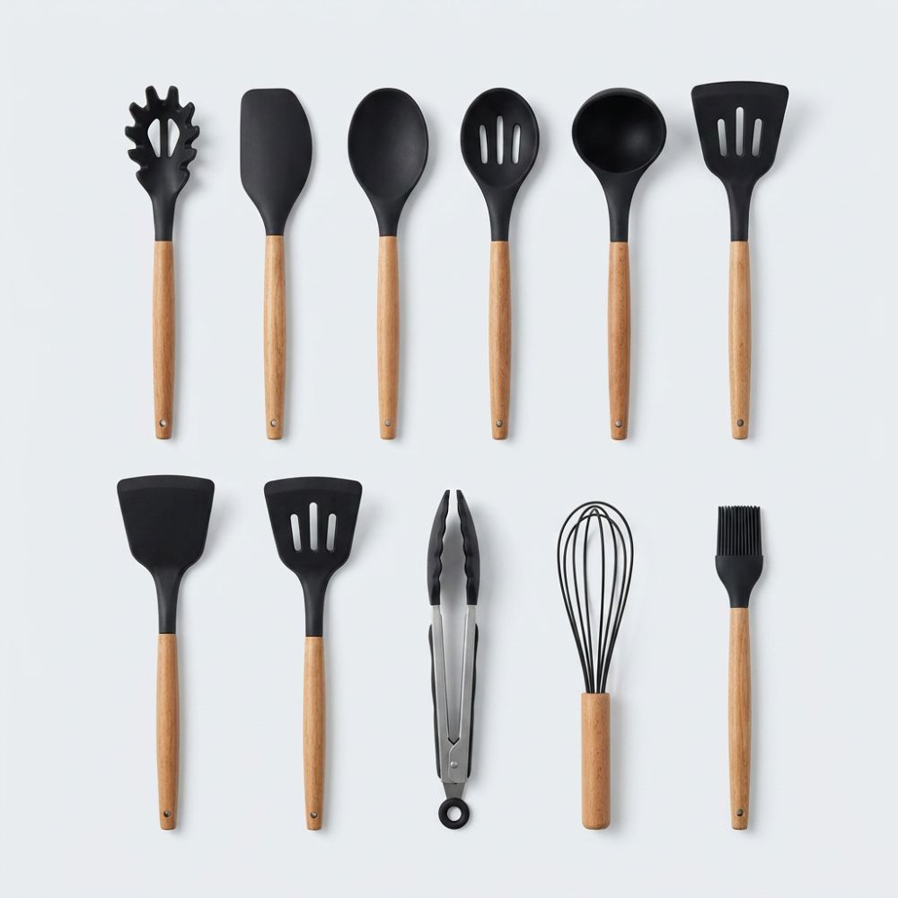 Silicone Kitchen Utensil Set with Wooden Handles – 11 Pieces