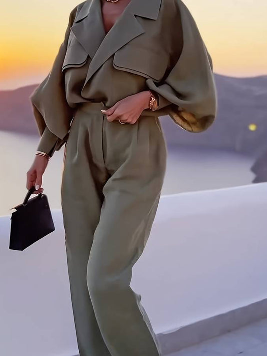 Nadya | Dames Jumpsuit – Elegante Pasvorm, Oversized Top en Wijde Pijpen met Lapel Kraag