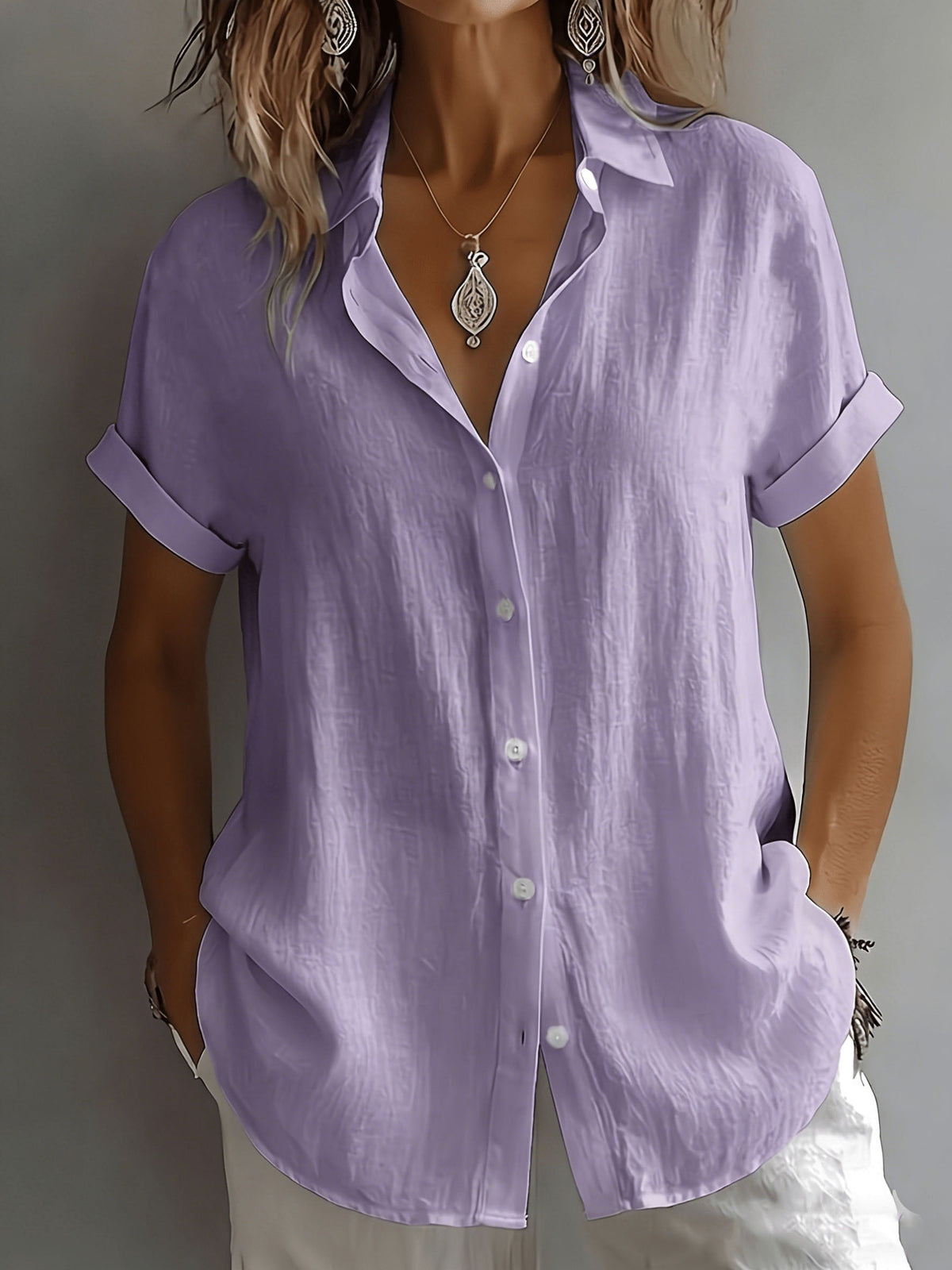 Women's Linen Shirt Short Sleeve Button-Up Collared Top