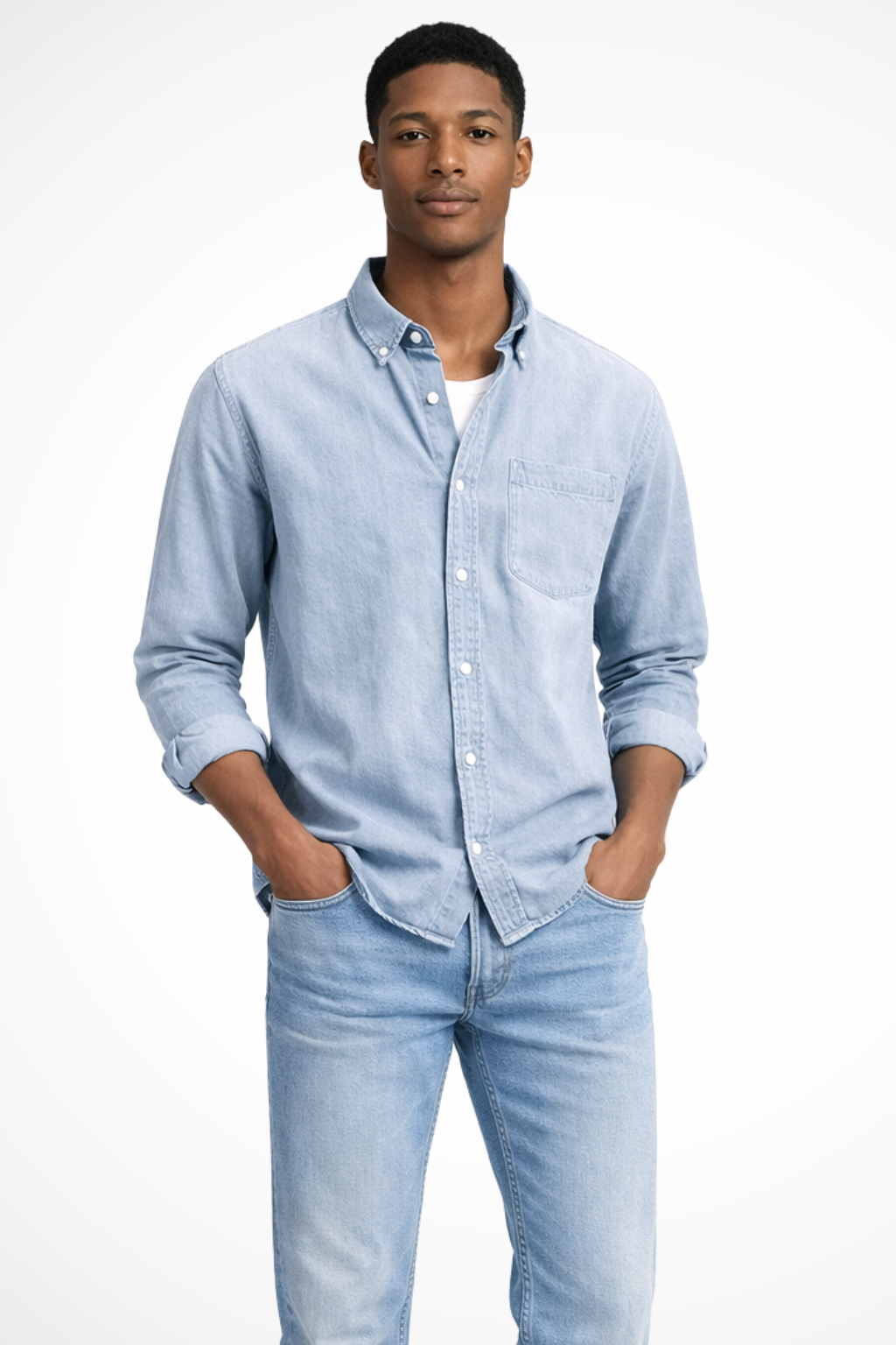 Men's Casual Button-Down Denim Shirt with Chest Pocket