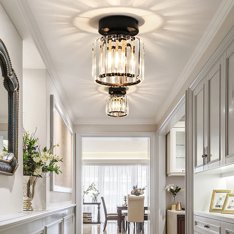 Flush Mount Ceiling Light with Crystal Shade - Black Brass Finish