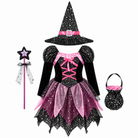 Girls 4-piece witch costume set, hat and wand detail
