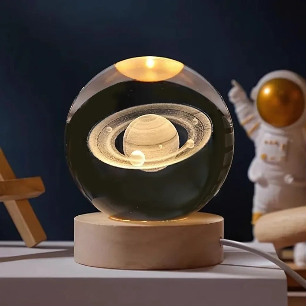 3D Engraved Crystal Ball Night Light - Wooden Base LED Lamp
