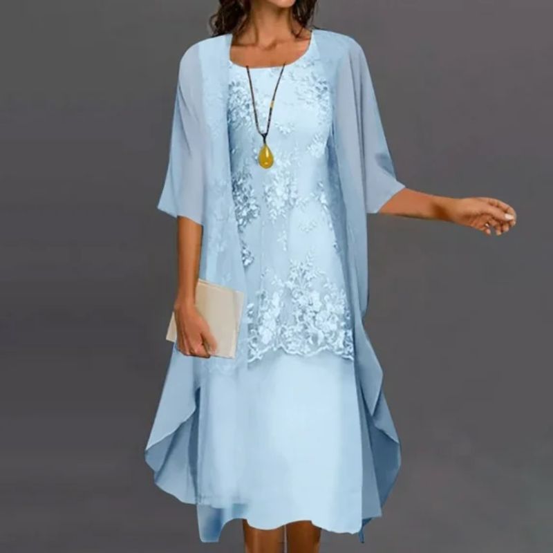 Women's Wedding Guest Lace Midi Dress with Chiffon Cardigan Set