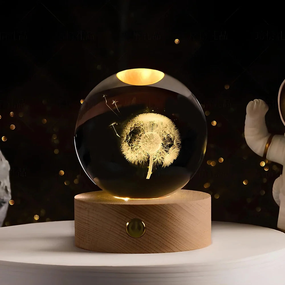 3D Engraved Crystal Ball Night Light - Wooden Base LED Lamp