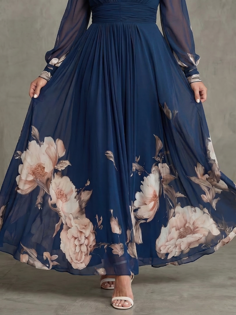 Women's Maxi Dress with Pleated Skirt and Sheer Sleeves