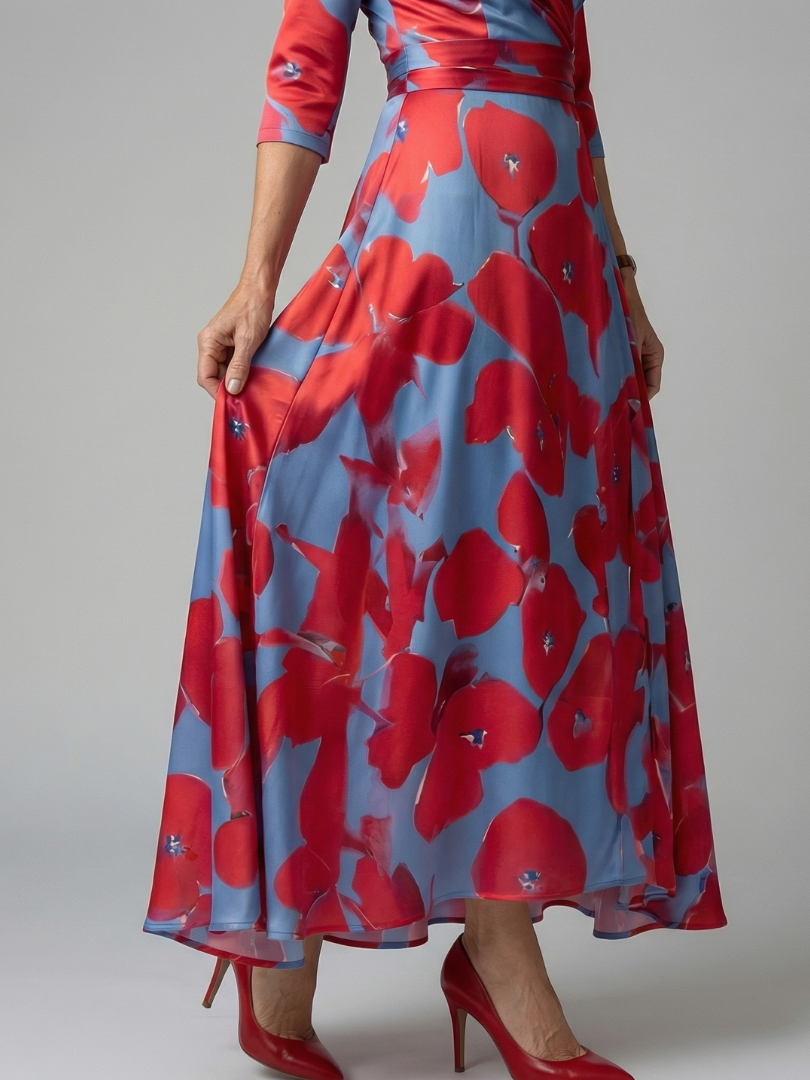 Women's Floral Wrap Midi Dress with Three Quarter Sleeves
