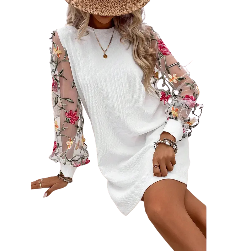 Women's Mini Shift Dress with Sheer Embroidered Balloon Sleeves