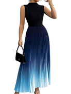 Women's Pleated Maxi Dress with Mock Neck, Sleeveless A-Line