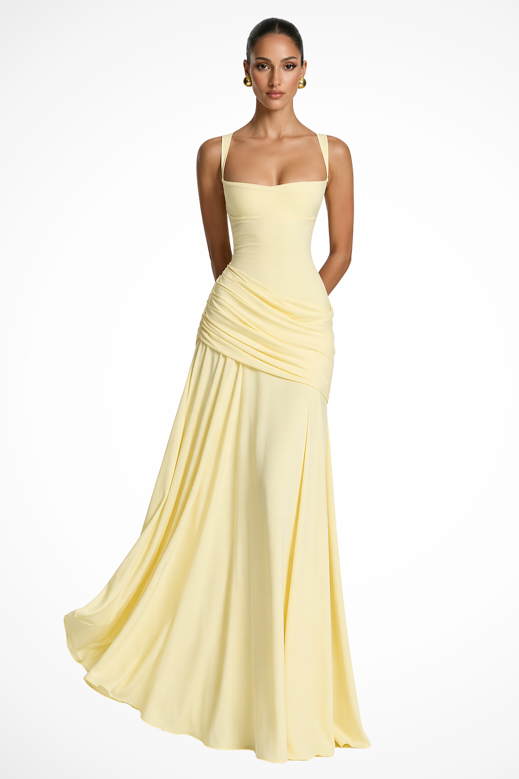 Wedding Guest Dress Square Neck Ruched Maxi Dress with Side Slit