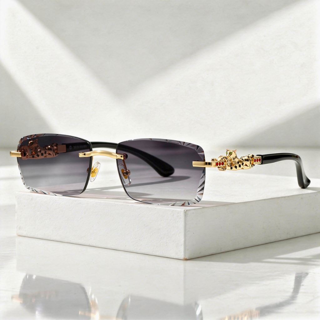 Women's Sunglasses with Rimless Diamond-Cut Lenses and Panther Temple Detail