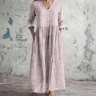 Women's V-Neck Stripe Dress - Breathable Long Sleeve Casual Dress