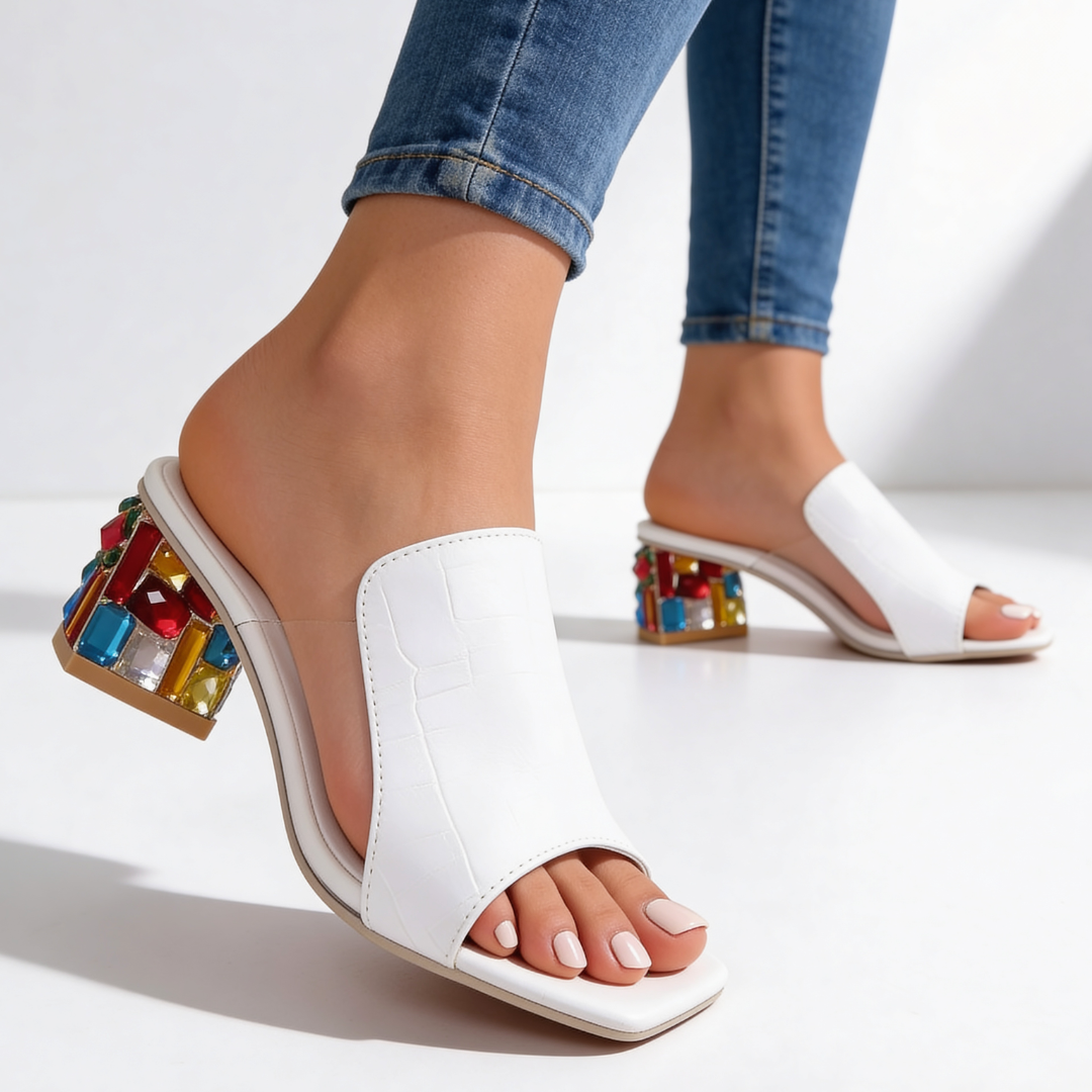Women's Rhinestone Heel Slides with Jeweled Block Heel