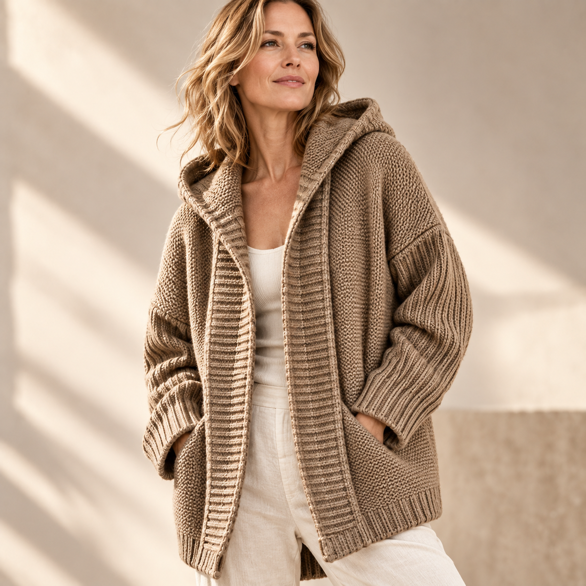 Women's Long Hooded Knit Cardigan with Batwing Sleeves